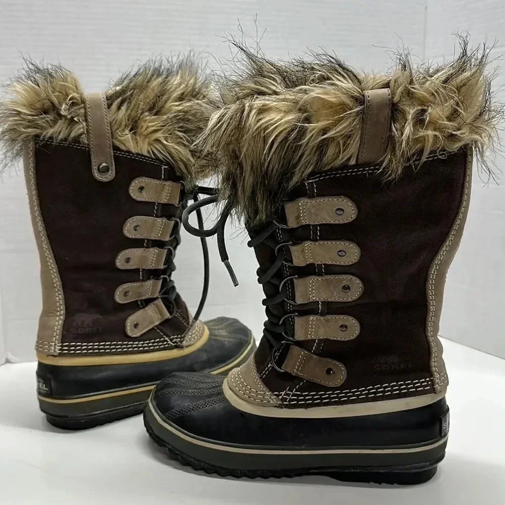Sorel Joan of Artic Boots Winter Lace Up Brown Waterproof Suede Faux Fur Size 6